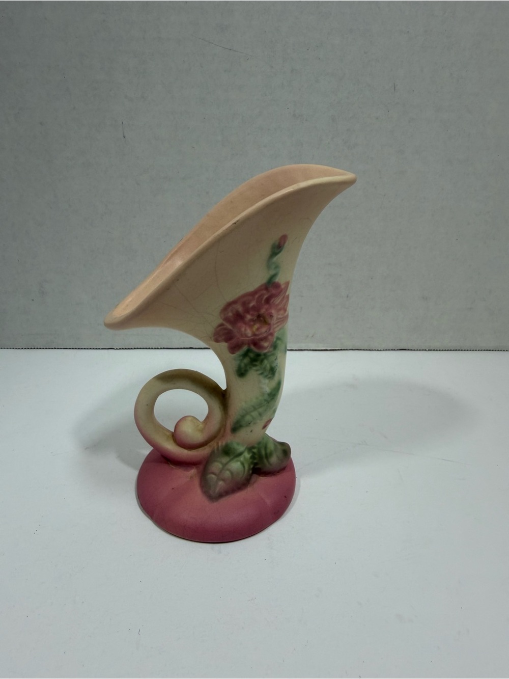 Hull Pottery Hand-Painted Pink Floral Cornucopia Ceramic Vase